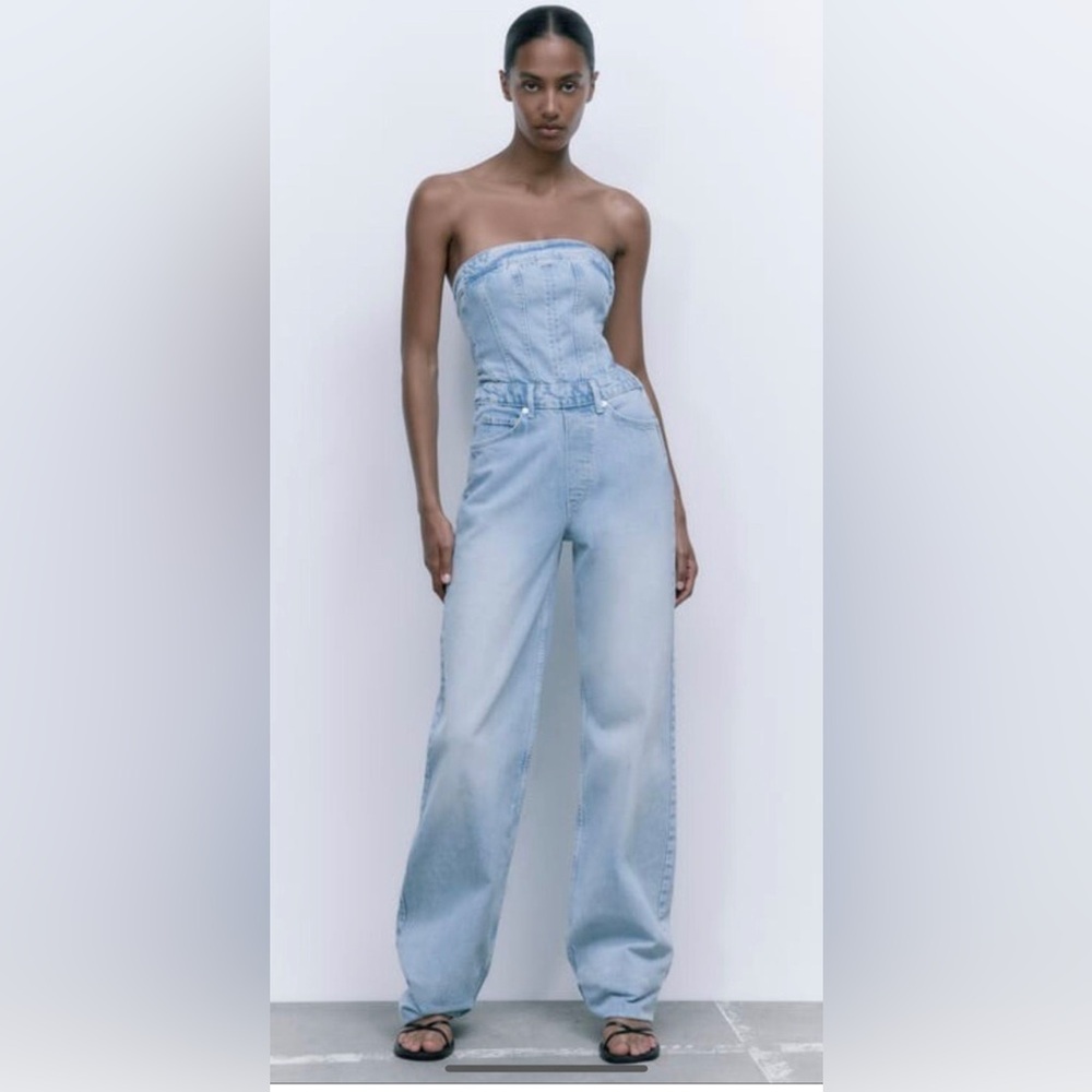 Zara Light Blue Strapless Denim Jumpsuit